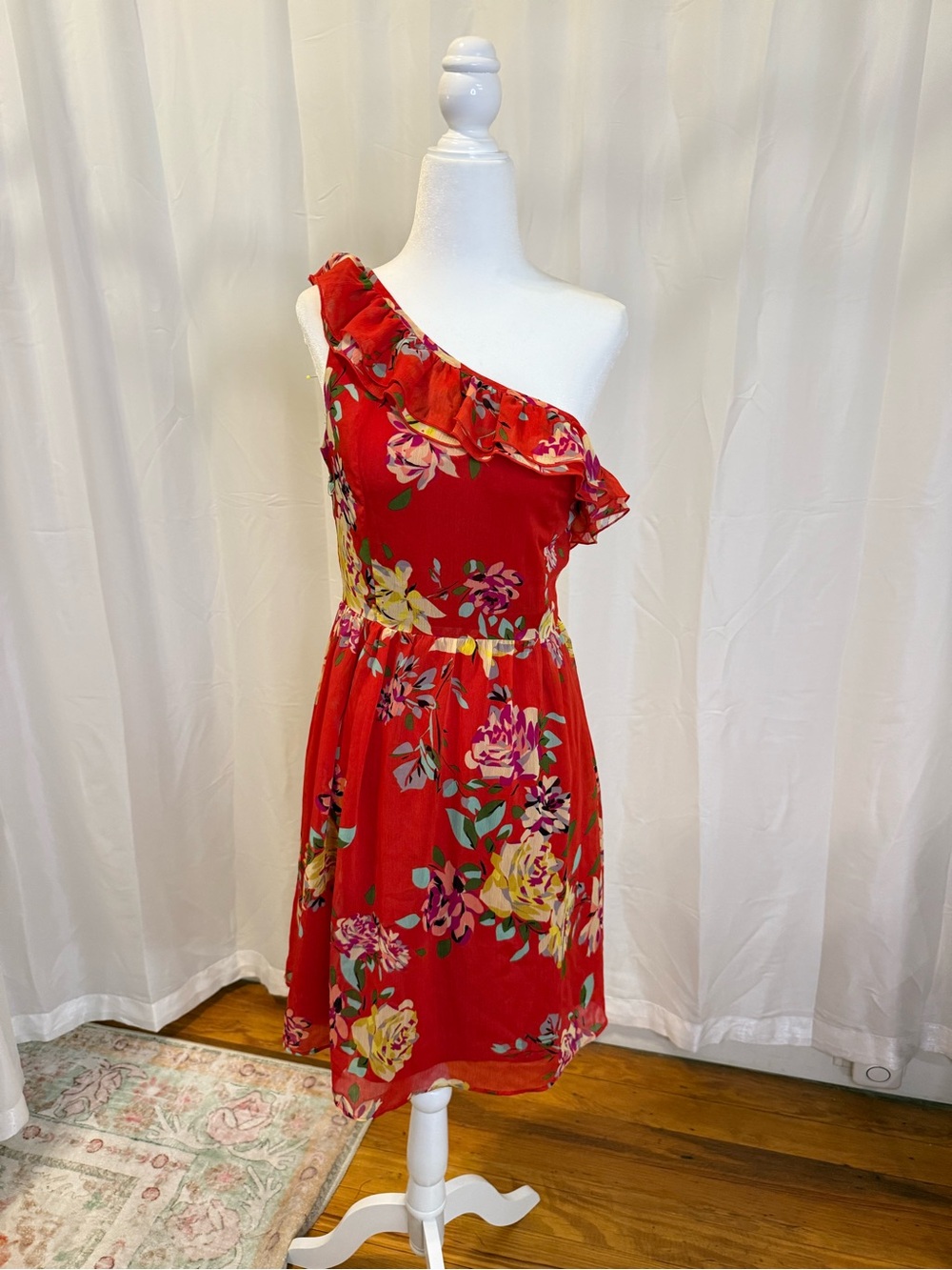 madison leigh Red Floral One-Shoulder Ruffle Dress